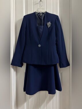 Night Studio New York Blue 3 Pc Church Formal Suit Blazer Skirt Top Size 10